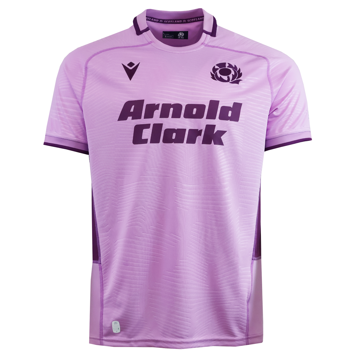The Scotland 25/26 Replica Away Jersey by Macron is a light purple rugby jersey featuring the "Arnold Clark" sponsor and the iconic Scotland crest on the front.