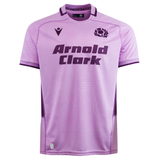 The Scotland 25/26 Replica Away Jersey by Macron is a light purple rugby jersey featuring the "Arnold Clark" sponsor and the iconic Scotland crest on the front.