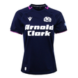 Women's Scotland 25/26 Replica Home Jersey by Macron—navy blue with white "Arnold Clark" sponsor text, Scotland rugby logo, and purple trim on sleeves and collar.