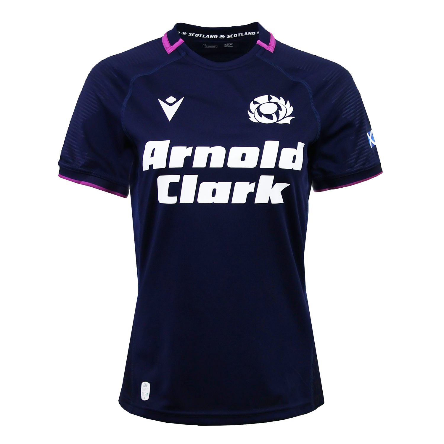 Women's Scotland 25/26 Replica Home Jersey by Macron—navy blue with white "Arnold Clark" sponsor text, Scotland rugby logo, and purple trim on sleeves and collar.