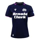 Women's Scotland 25/26 Replica Home Jersey by Macron—navy blue with white "Arnold Clark" sponsor text, Scotland rugby logo, and purple trim on sleeves and collar.