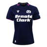 Women's Scotland 25/26 Replica Home Jersey by Macron—navy blue with white "Arnold Clark" sponsor text, Scotland rugby logo, and purple trim on sleeves and collar.