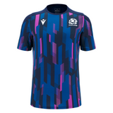 The Scotland 25/26 Player Warm-Up Shirt by Macron features blue, navy, and purple geometric patterns with the white Macron logo and Scotland rugby crest—ideal as a stylish Scotland rugby warm-up shirt.