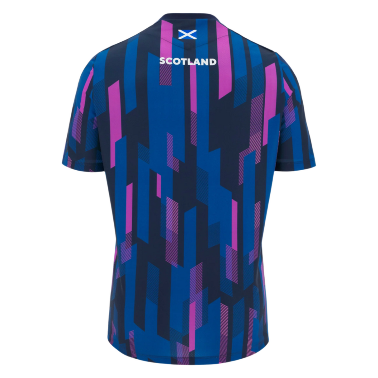 The Scotland 25/26 Player Warm-Up Shirt by Macron features a geometric blue and pink pattern with "SCOTLAND" and a small flag on the back, making it the perfect short-sleeve athletic shirt for Scottish Rugby fans.