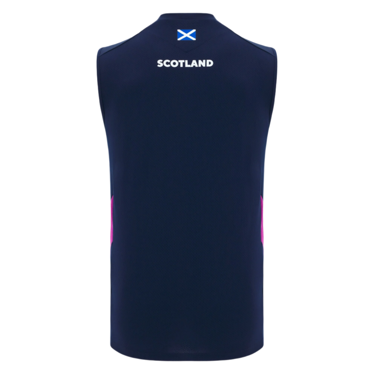 The Scotland 25/26 Player Training Singlet by Macron features navy blue with pink side accents, "SCOTLAND" and a Scottish flag on the upper back—perfect for any Scottish Rugby fan.