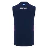 The Scotland 25/26 Player Training Singlet by Macron features navy blue with pink side accents, "SCOTLAND" and a Scottish flag on the upper back—perfect for any Scottish Rugby fan.
