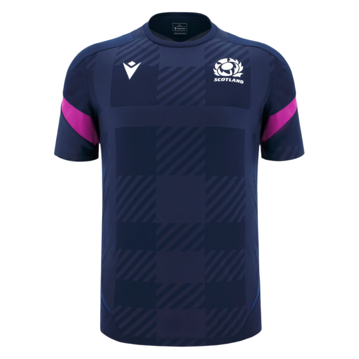 The Scotland 25/26 Player Training T-Shirt by Macron features a navy blue checkered pattern, white chest logos, and pink sleeve stripes—an ideal moisture-wicking sports tee for fans and athletes from Macron.