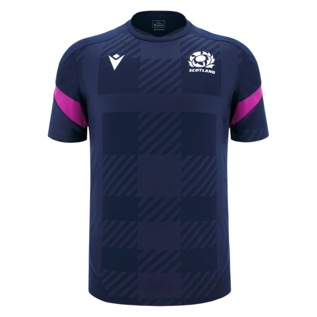 The Scotland 25/26 Player Training T-Shirt by Macron features a navy blue checkered pattern, white chest logos, and pink sleeve stripes—an ideal moisture-wicking sports tee for fans and athletes from Macron.