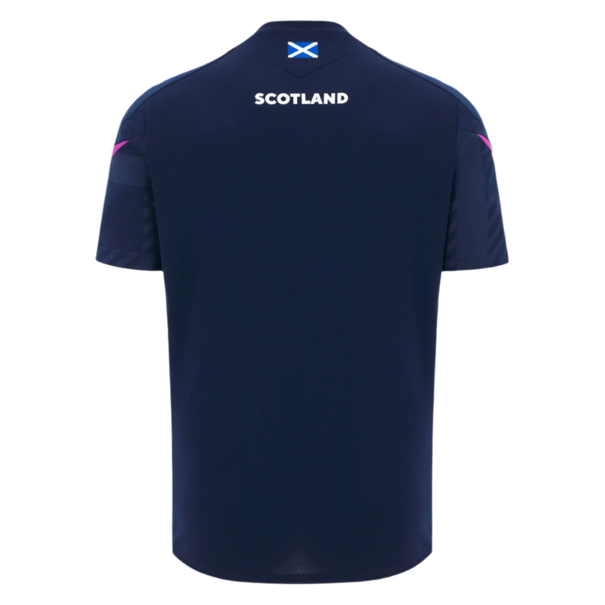 The Scotland 25/26 Player Training T-Shirt by Macron is a navy blue moisture-wicking athletic tee inspired by the official Scotland Rugby training shirt, with "SCOTLAND" and a small Scottish flag on the upper back.