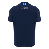 The Scotland 25/26 Player Training T-Shirt by Macron is a navy blue moisture-wicking athletic tee inspired by the official Scotland Rugby training shirt, with "SCOTLAND" and a small Scottish flag on the upper back.