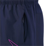 Close-up of Scotland 25/26 Player Training Short by Macron in navy, featuring an elastic waistband, side zippered pocket, and small pink stitched accent on the lower leg—ideal for athletic performance.