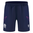 The Scotland 25/26 Player Training Short by Macron features a navy design with a white Macron logo, team crest, and pink accent lines—perfect for standout style and athletic performance during training.