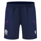 The Scotland 25/26 Player Training Short by Macron features a navy design with a white Macron logo, team crest, and pink accent lines—perfect for standout style and athletic performance during training.