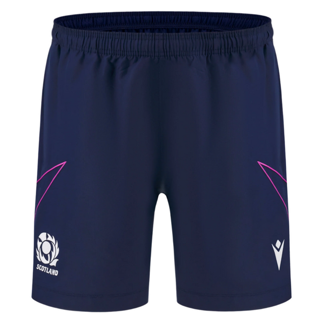 The Scotland 25/26 Player Training Short by Macron features a navy design with a white Macron logo, team crest, and pink accent lines—perfect for standout style and athletic performance during training.