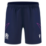 The Scotland 25/26 Player Training Short by Macron features a navy design with a white Macron logo, team crest, and pink accent lines—perfect for standout style and athletic performance during training.