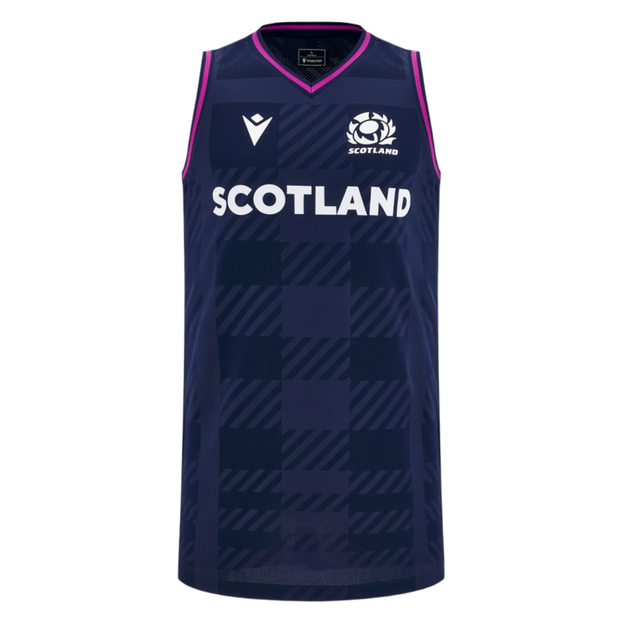 The Scotland 25/26 Basketball Singlet by Macron is a sleeveless navy top in breathable fabric, featuring a checkered pattern, "SCOTLAND" across the front, and the Scottish rugby thistle logo on the chest.