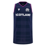 The Scotland 25/26 Basketball Singlet by Macron is a sleeveless navy top in breathable fabric, featuring a checkered pattern, "SCOTLAND" across the front, and the Scottish rugby thistle logo on the chest.