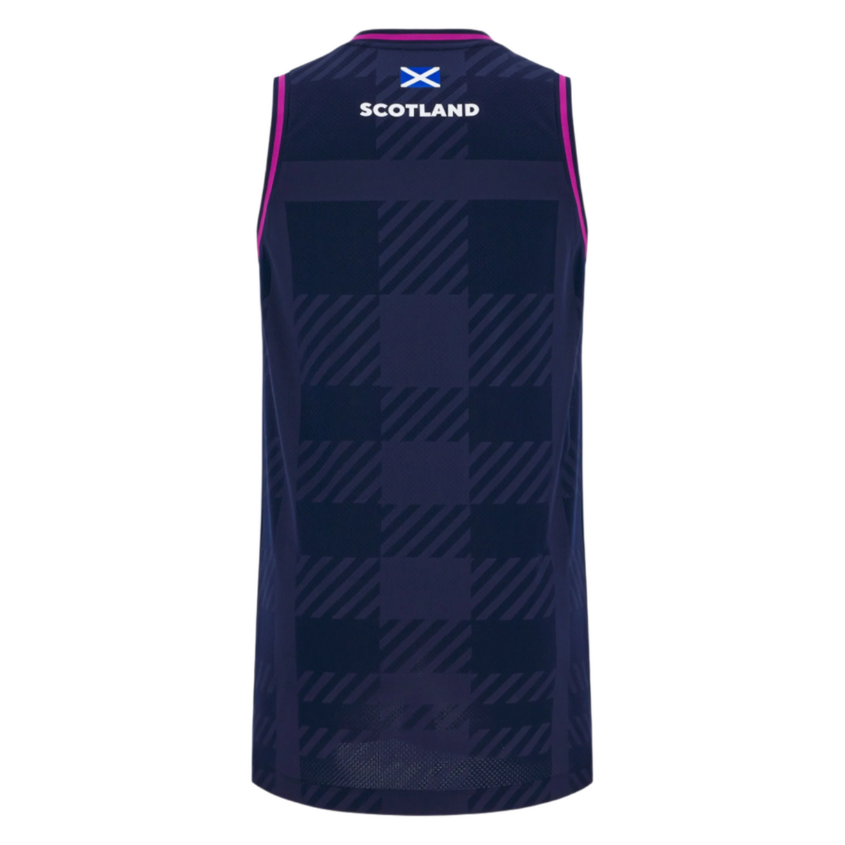 The Scotland 25/26 Basketball Singlet by Macron features a navy blue tartan design, "SCOTLAND" text, small Scottish flag on the upper back, and is made from breathable performance fabric.