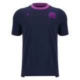 The Scotland 25/26 Player Travel T-Shirt by Macron in navy blue features a purple collar, stylish accents, and the iconic Scotland rugby logo with Macron branding—a must-have for true fans.