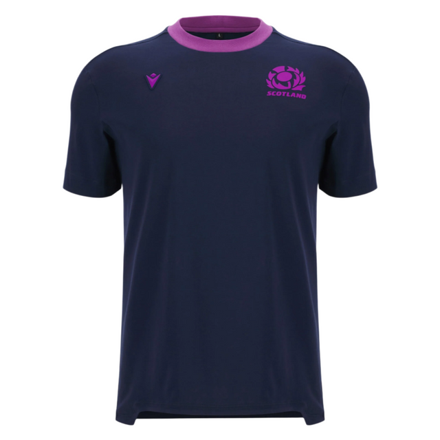 The Scotland 25/26 Player Travel T-Shirt by Macron in navy blue features a purple collar, stylish accents, and the iconic Scotland rugby logo with Macron branding—a must-have for true fans.