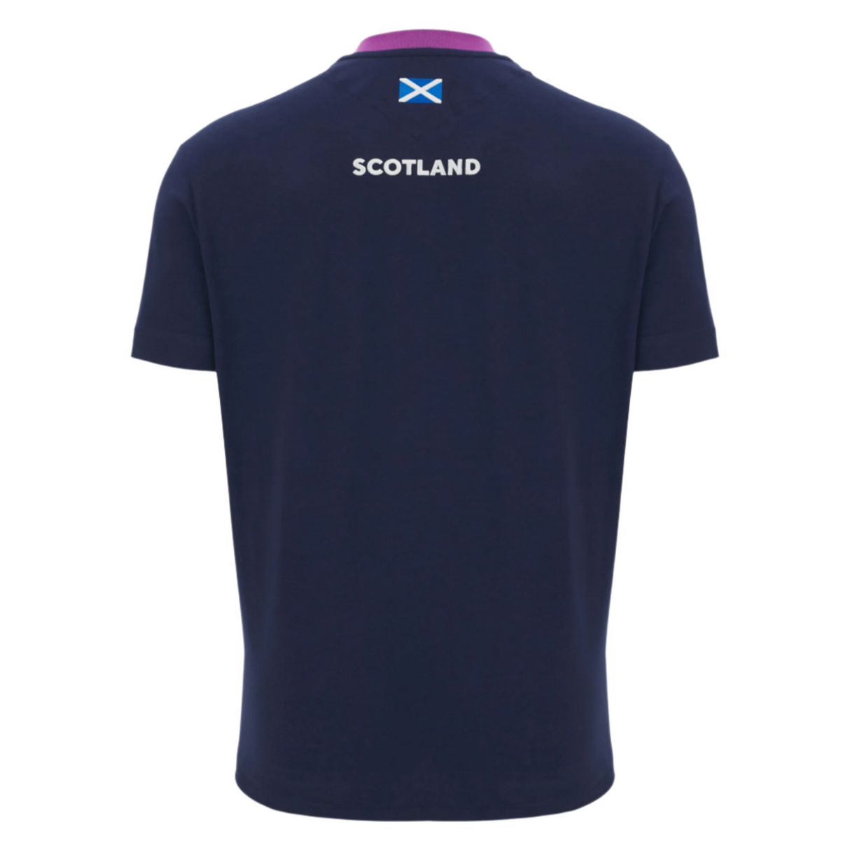 The Scotland 25/26 Player Travel T-Shirt by Macron is a navy tee with "SCOTLAND" text and a Scottish flag on the upper back—ideal for rugby fans and travel, made by Macron.