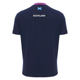 The Scotland 25/26 Player Travel T-Shirt by Macron is a navy tee with "SCOTLAND" text and a Scottish flag on the upper back—ideal for rugby fans and travel, made by Macron.