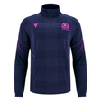 The Scotland SRU 25/26 Player Travel 3D Fleece by Macron is a navy long-sleeve top with soft 3D fleece, a quarter zip, pink accents, and the Scotland SRU rugby logo on the chest.