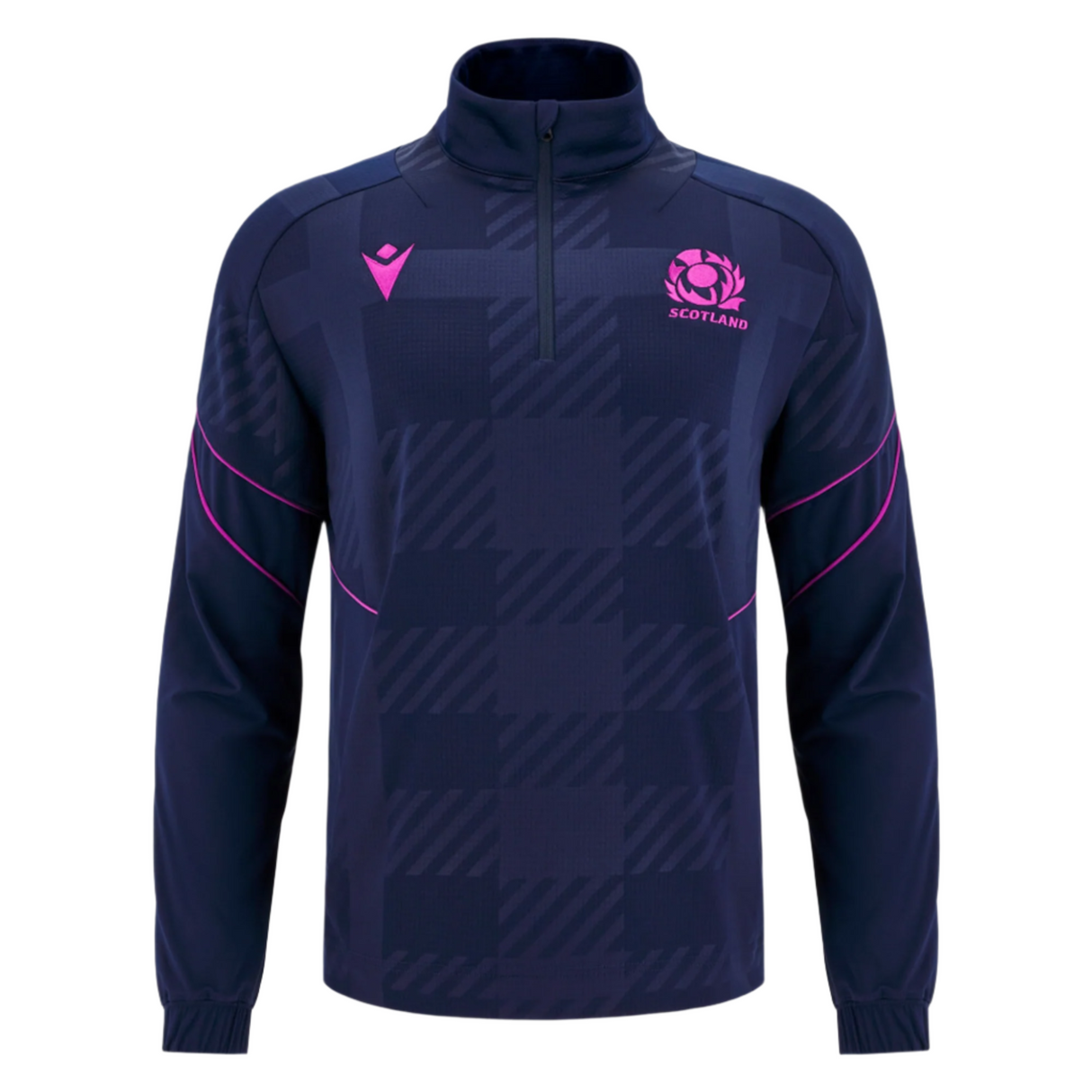 The Scotland SRU 25/26 Player Travel 3D Fleece by Macron is a navy long-sleeve top with soft 3D fleece, a quarter zip, pink accents, and the Scotland SRU rugby logo on the chest.