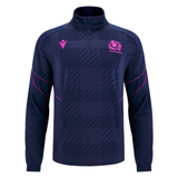 The Scotland SRU 25/26 Player Travel 3D Fleece by Macron is a navy long-sleeve top with soft 3D fleece, a quarter zip, pink accents, and the Scotland SRU rugby logo on the chest.
