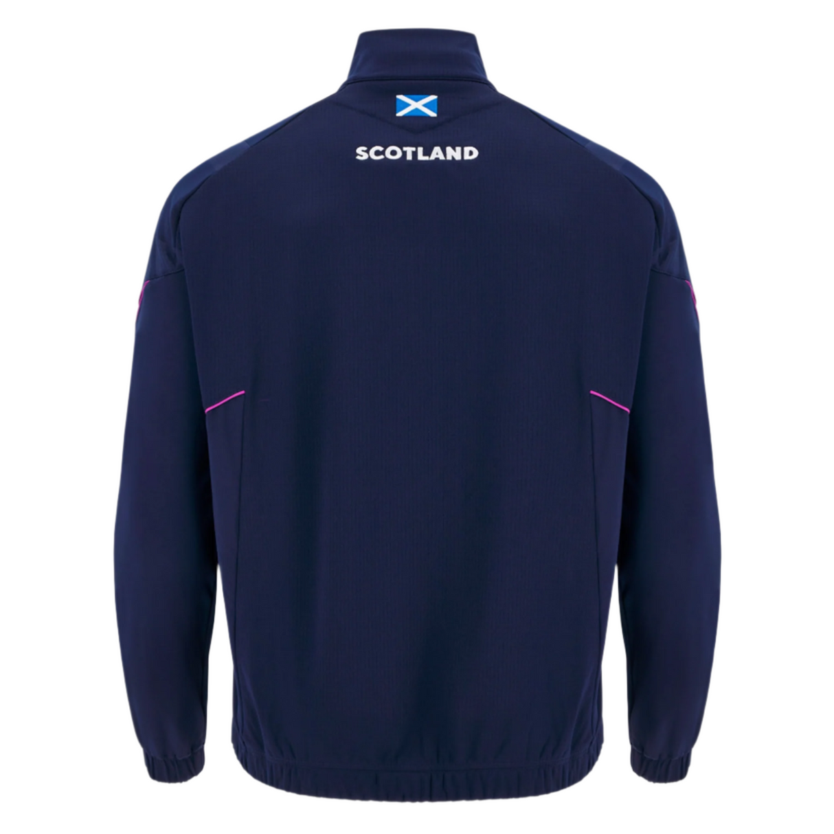 The Scotland SRU 25/26 Player Travel 3D Fleece by Macron in navy features "Scotland" and the Scottish flag on the upper back. Shown from the rear, it's perfect for Scotland SRU supporters.