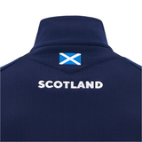 Back view of the Scotland SRU 25/26 Player Travel 3D Fleece by Macron in navy, featuring "SCOTLAND," a small Scottish flag below the collar, and made from soft 3D Fleece for superior comfort.