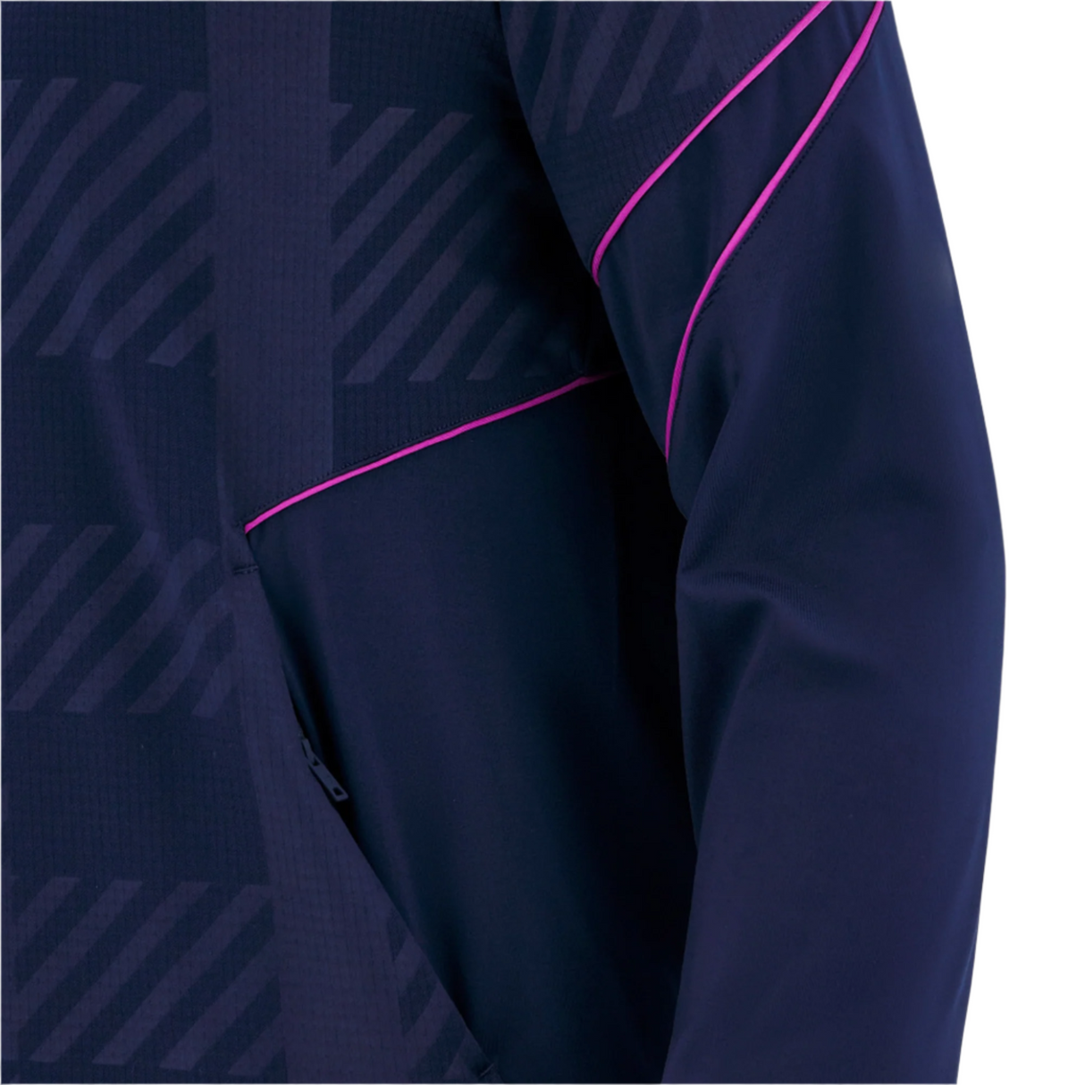 Close-up of the Scotland SRU 25/26 Player Travel 3D Fleece by Macron, showing the navy sleeve with diagonal light blue stripes, pink piping, and soft 3D fleece fabric.
