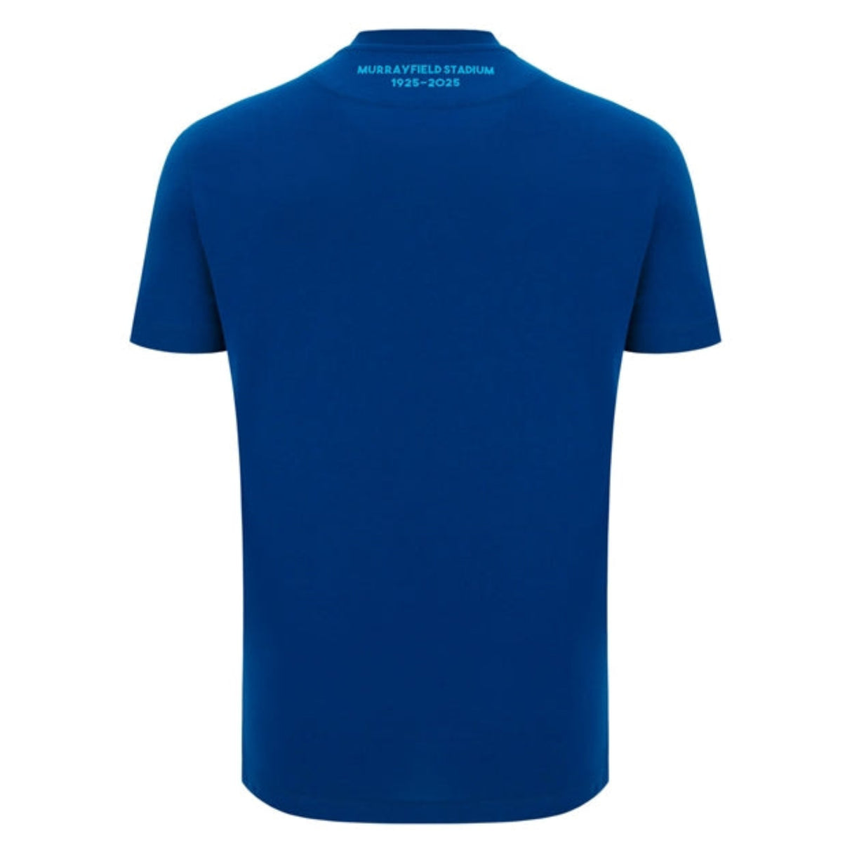 The Scotland 25/26 Murrayfield Stadium T-Shirt by Macron features a plain blue back with "MURRAYFIELD STADIUM 1925–2025" in small white text near the collar—a classic look from Macron.