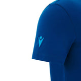 A close-up of the Scotland 25/26 Murrayfield Stadium T-Shirt by Macron, a blue short-sleeve top with a light blue logo on the left sleeve—ideal for supporting your team at Murrayfield Stadium.