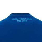 Back view of the Scotland 25/26 Murrayfield Stadium T-Shirt by Macron, with "MURRAYFIELD STADIUM 1925-2025" in light blue near the collar.