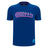 The Scotland 25/26 Murrayfield Stadium T-Shirt by Macron features a blue short-sleeve design, pink and blue abstract chest pattern, and a small circular logo near the lower left hem—ideal for Murrayfield Stadium fans.