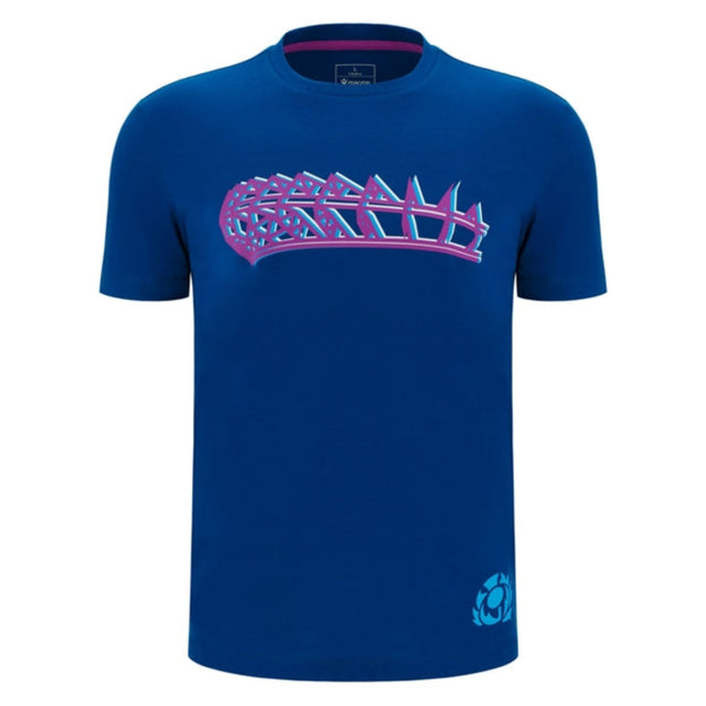 The Scotland 25/26 Murrayfield Stadium T-Shirt by Macron features a blue short-sleeve design, pink and blue abstract chest pattern, and a small circular logo near the lower left hem—ideal for Murrayfield Stadium fans.