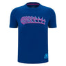 The Scotland 25/26 Murrayfield Stadium T-Shirt by Macron features a blue short-sleeve design, pink and blue abstract chest pattern, and a small circular logo near the lower left hem—ideal for Murrayfield Stadium fans.