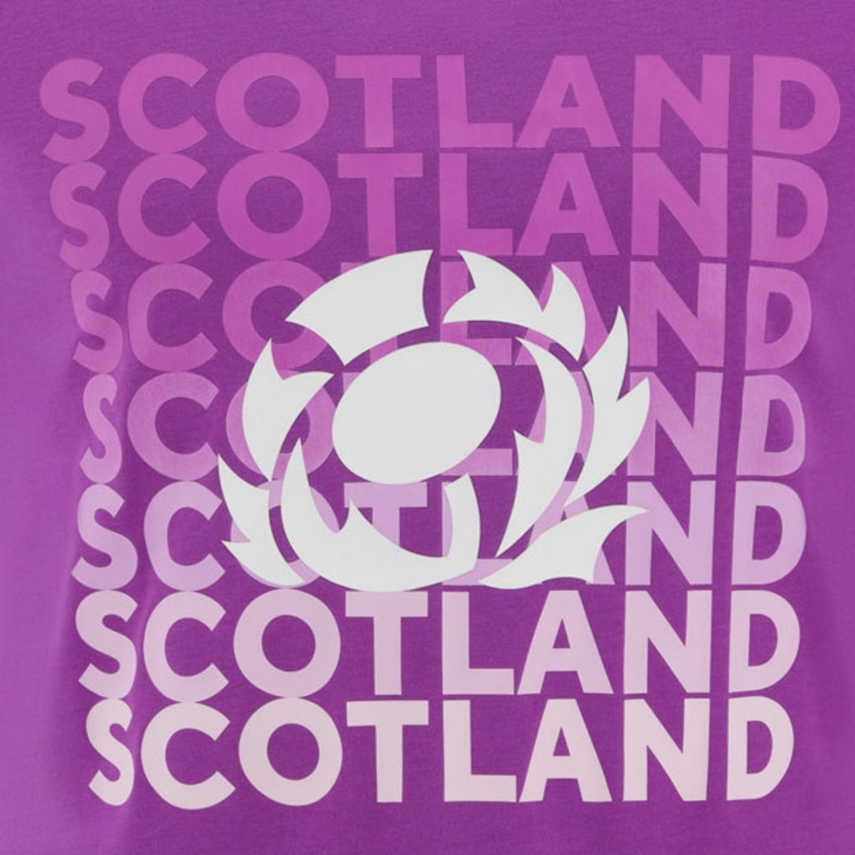 The Scotland 25/26 Leisure T-Shirt by Macron is a purple tee featuring a white Scotland rugby thistle logo and "Scotland" repeated in a grid, inspired by the iconic style of the official 25/26 shirt.