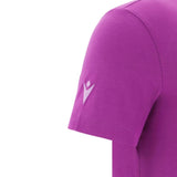 Close-up of the Scotland 25/26 Leisure T-Shirt by Macron, a short-sleeve magenta tee featuring a white sleeve logo.