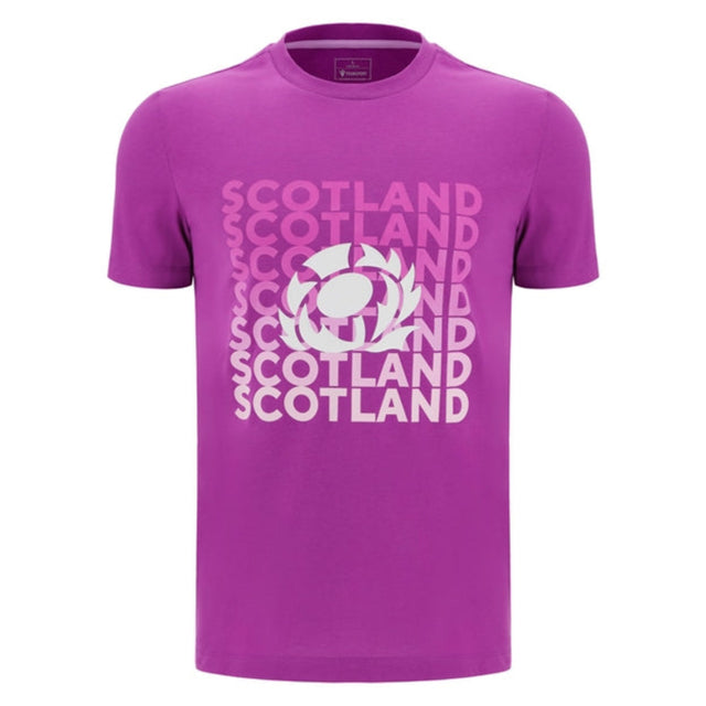 The Scotland 25/26 Leisure T-Shirt by Macron is a purple tee featuring "Scotland" repeated in white and pink text, plus a central thistle rugby emblem.