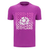 The Scotland 25/26 Leisure T-Shirt by Macron is a purple tee featuring "Scotland" repeated in white and pink text, plus a central thistle rugby emblem.
