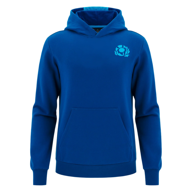 The Scotland 25/26 Murrayfield Stadium Hoodie by Macron is a royal blue hoodie with a front pocket and small circular left-chest logo—ideal for fans looking to show their support at Murrayfield Stadium.