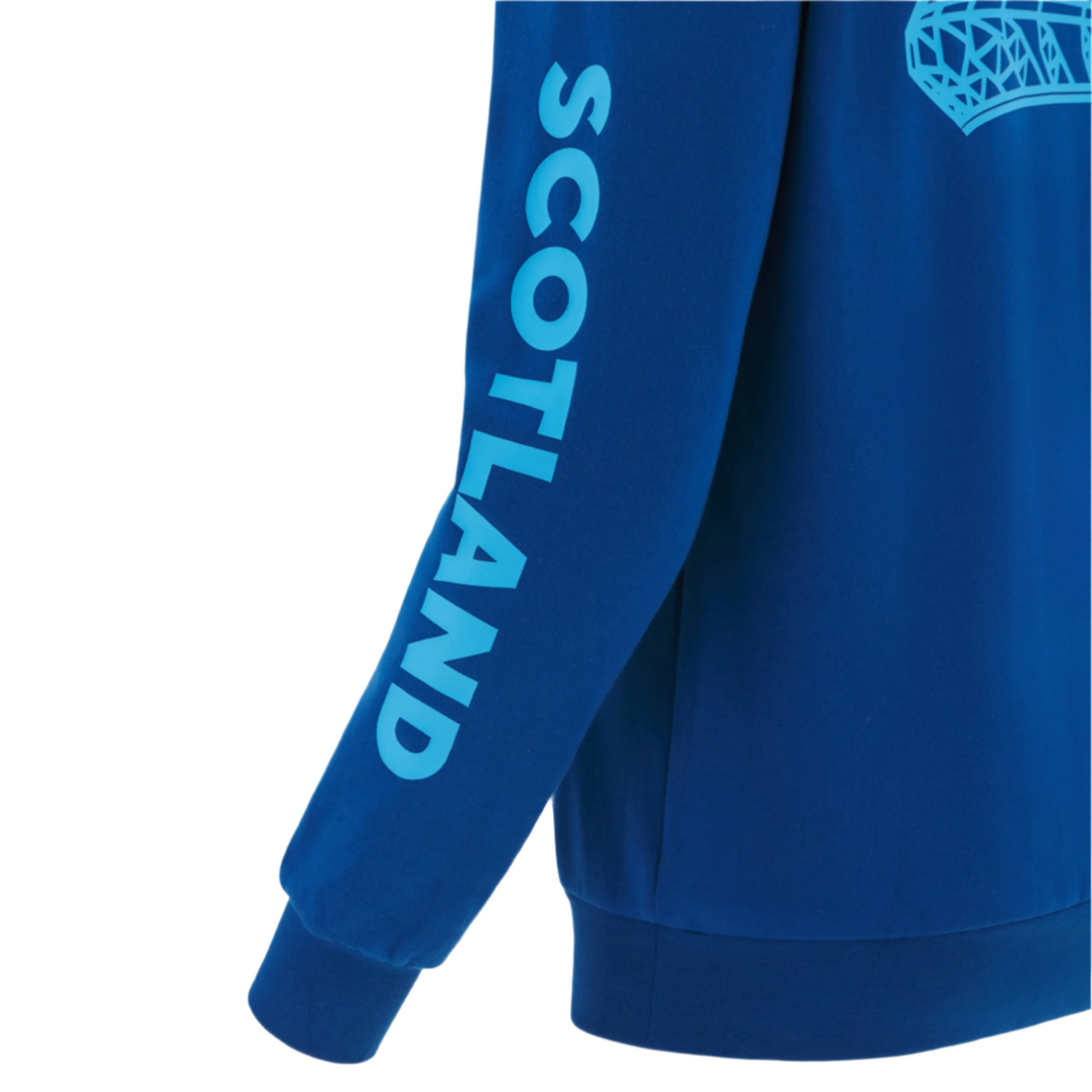 Show your support in style with the Scotland 25/26 Murrayfield Stadium Hoodie by Macron, featuring "SCOTLAND" in light blue on the sleeve and a partial graphic design on the upper back.