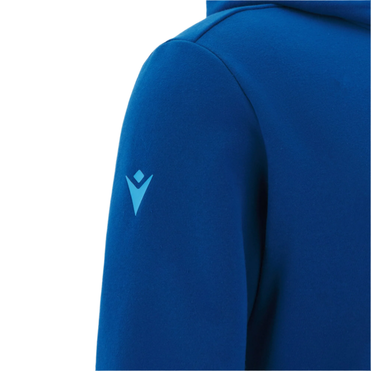Close-up of the upper sleeve and shoulder of a blue Scotland 25/26 Murrayfield Stadium Hoodie by Macron, featuring a light blue logo on the arm.