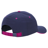The Scotland 25/26 Baseball Cap by Macron features navy blue fabric, pink accents, an adjustable pink plaid back strap, and subtle Scottish Rugby detailing. Shown from a rear side angle for a sporty look.