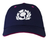 The Scotland 25/26 Baseball Cap by Macron is a navy blue cap with a white embroidered spiral on the front, pink accents on the rim and eyelets, blending modern style with Scottish Rugby heritage.