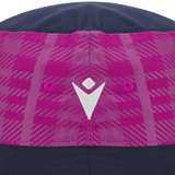 Close-up of the back of the Scotland 25/26 Bucket Hat by Macron in navy blue with pink and magenta patterned fabric, featuring a white geometric logo embroidered at the center.