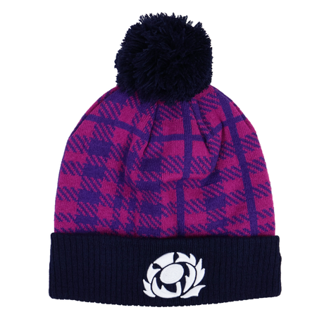 The Scotland 25/26 Pom-Pom Beanie by Macron features purple and navy plaid, a pom-pom on top, a white thistle embroidered on the navy cuff, and classic Scotland styling.