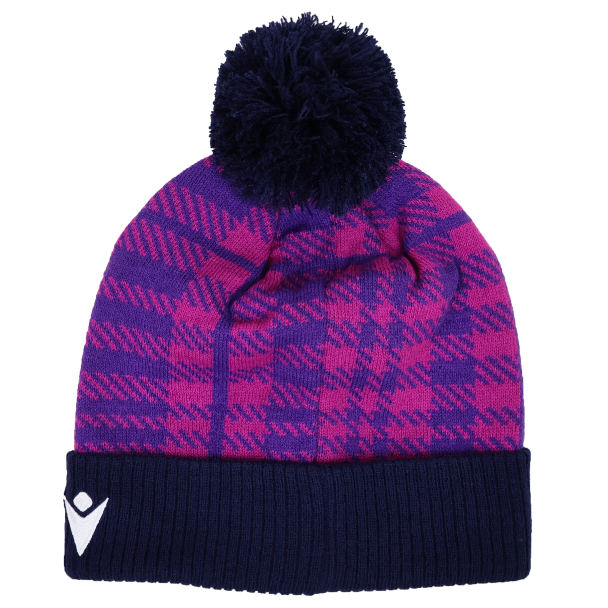 The Scotland 25/26 Pom-Pom Beanie by Macron features a purple and pink checkered knit, dark blue cuff with a white Macron logo, and a playful pom-pom on top.
